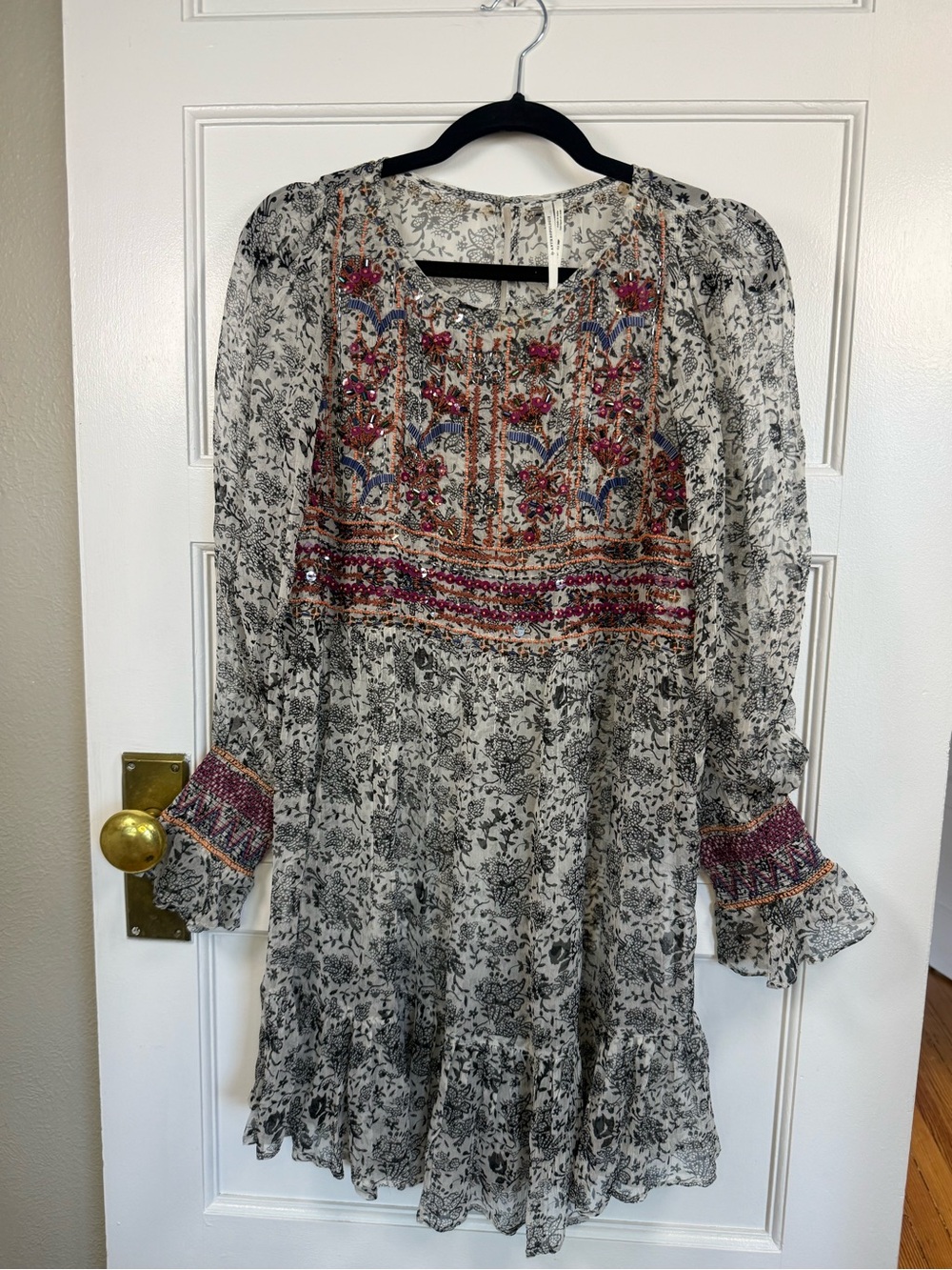 Anthropologie Black & White Floral Long-Sleeve Embroidered Dress